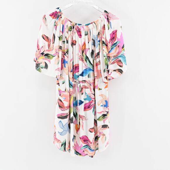 LA BLANCA Dress Size L Paradise Floral ALine Mini White Multi Off Shoulder - Picture 2 of 13